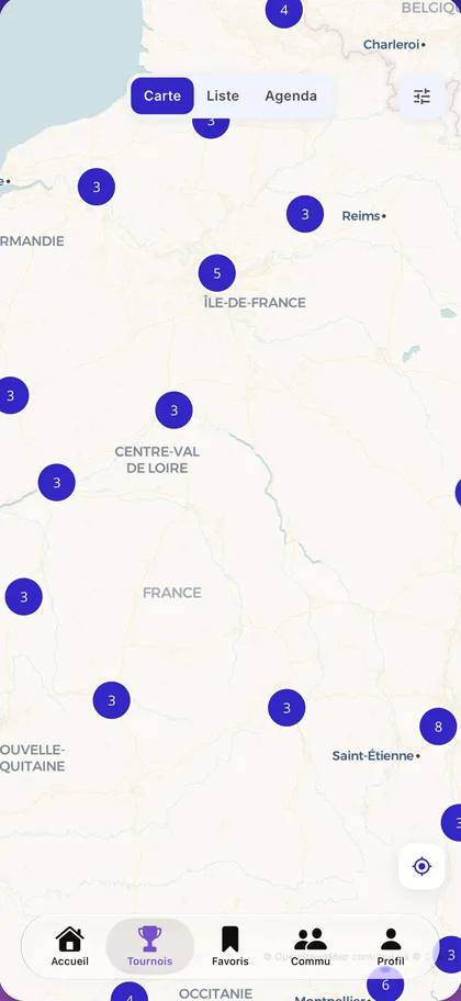Carte des tournois dans l'app PingMap